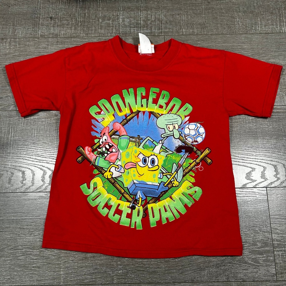 Vintage 2002 Nickelodeon Spongebob SoccerPants Red Graphic T-Shirt Kids Medium